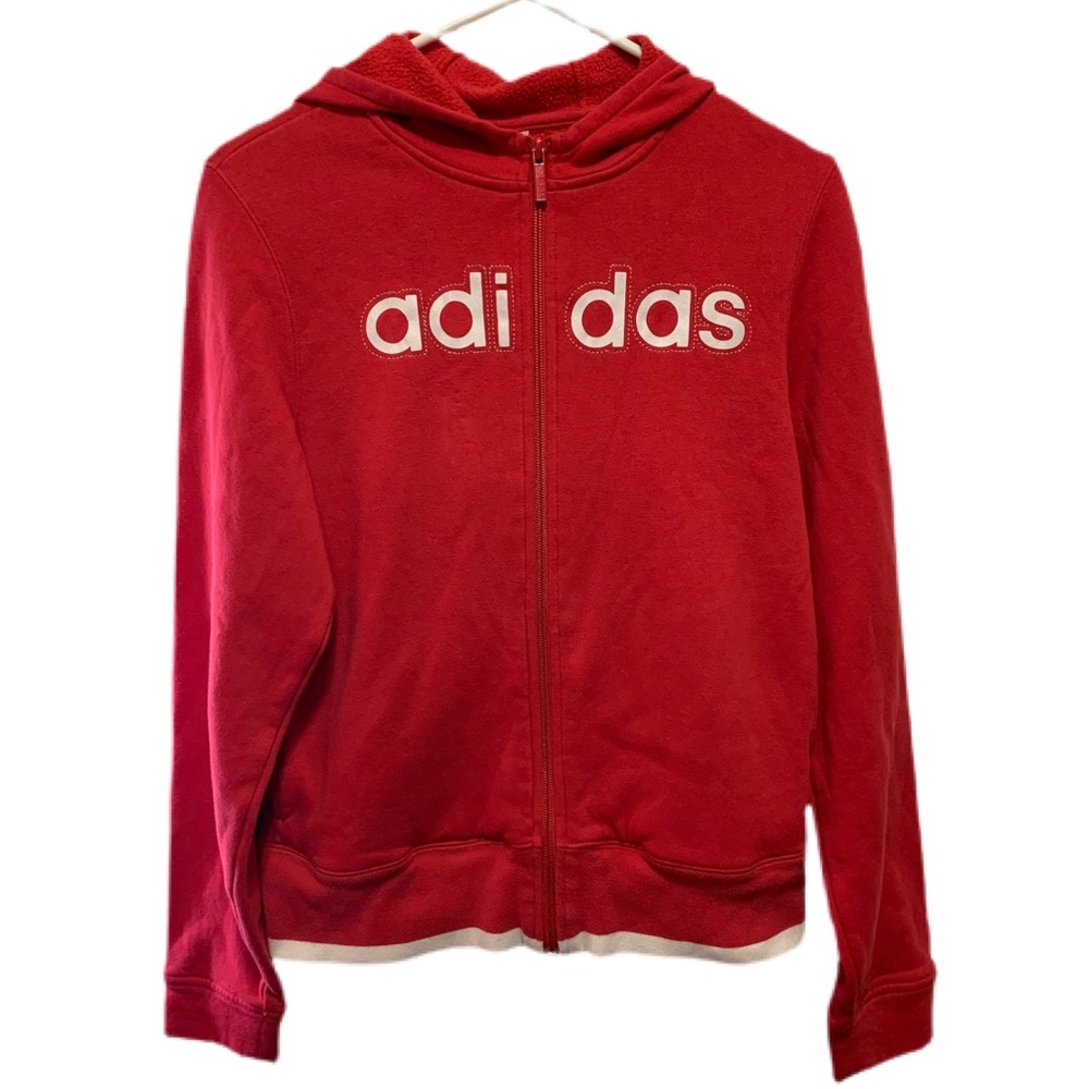 Women’s XL Adidas Red Full Zip Up Fleece Lined Hoodie. Embroidered Silver Logo